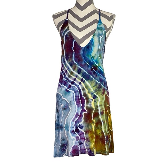 Handmade Geode Tie Dye Dress Womens Size Medium Deep Vneck Upcycled Colorful - Picture 6 of 13